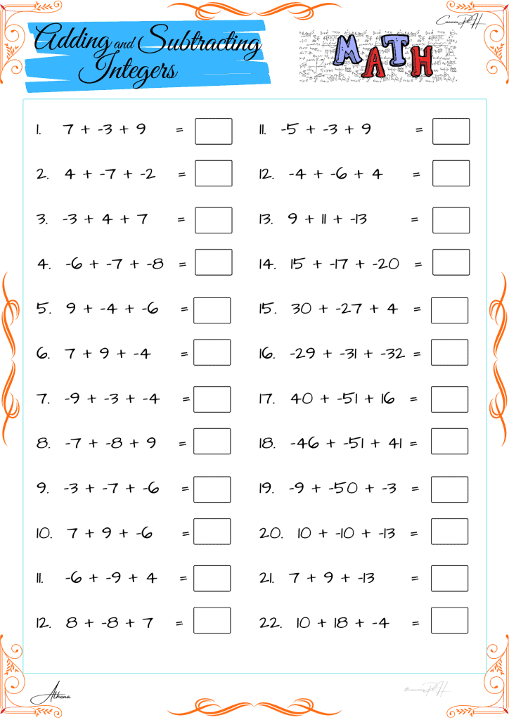 Grade Math Activity Addition And Subtraction Integers
