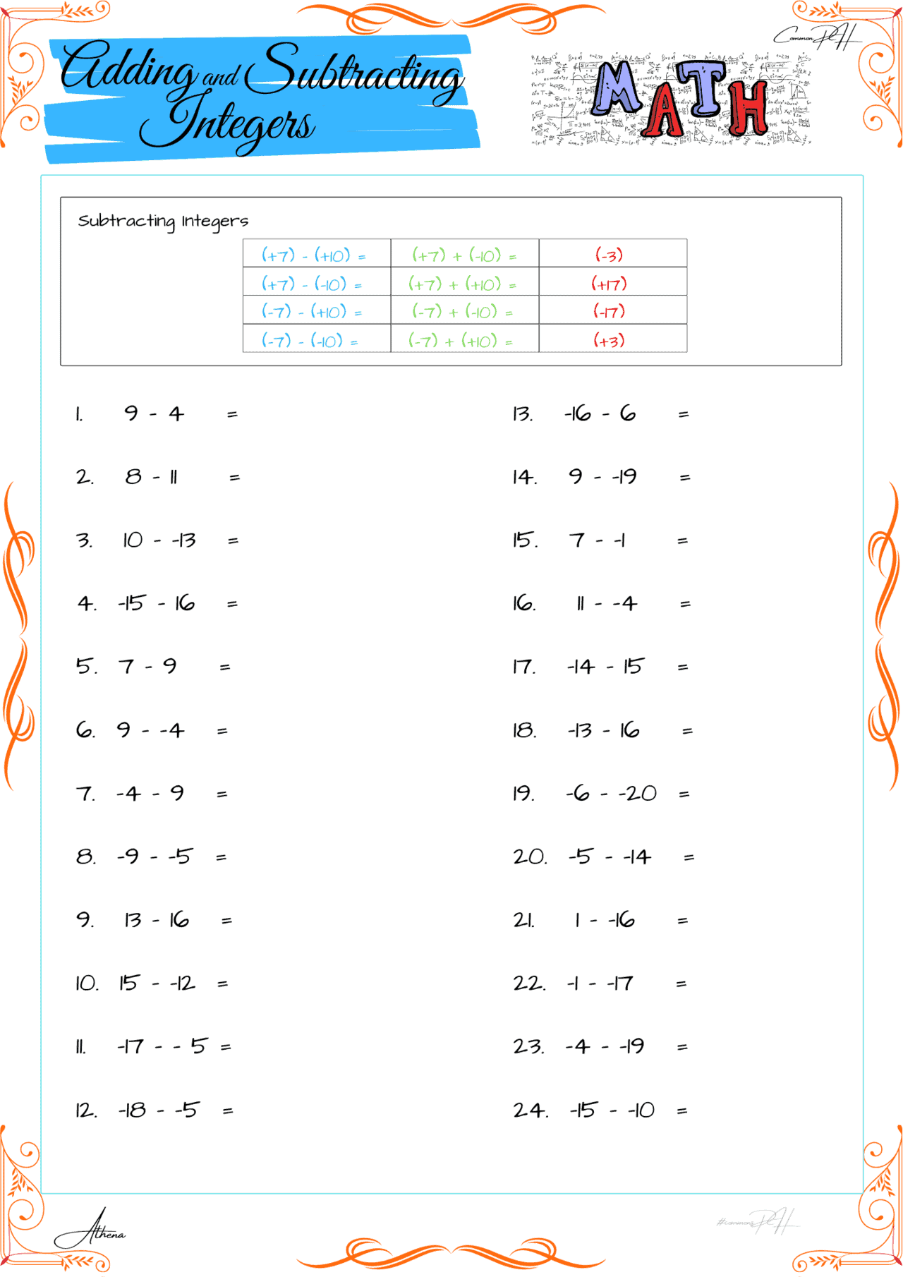 Grade 6 Math Activity | Addition And Subtraction Integers