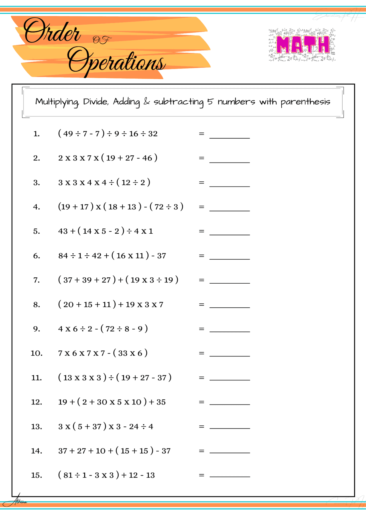 grade 4 math order of operation iii