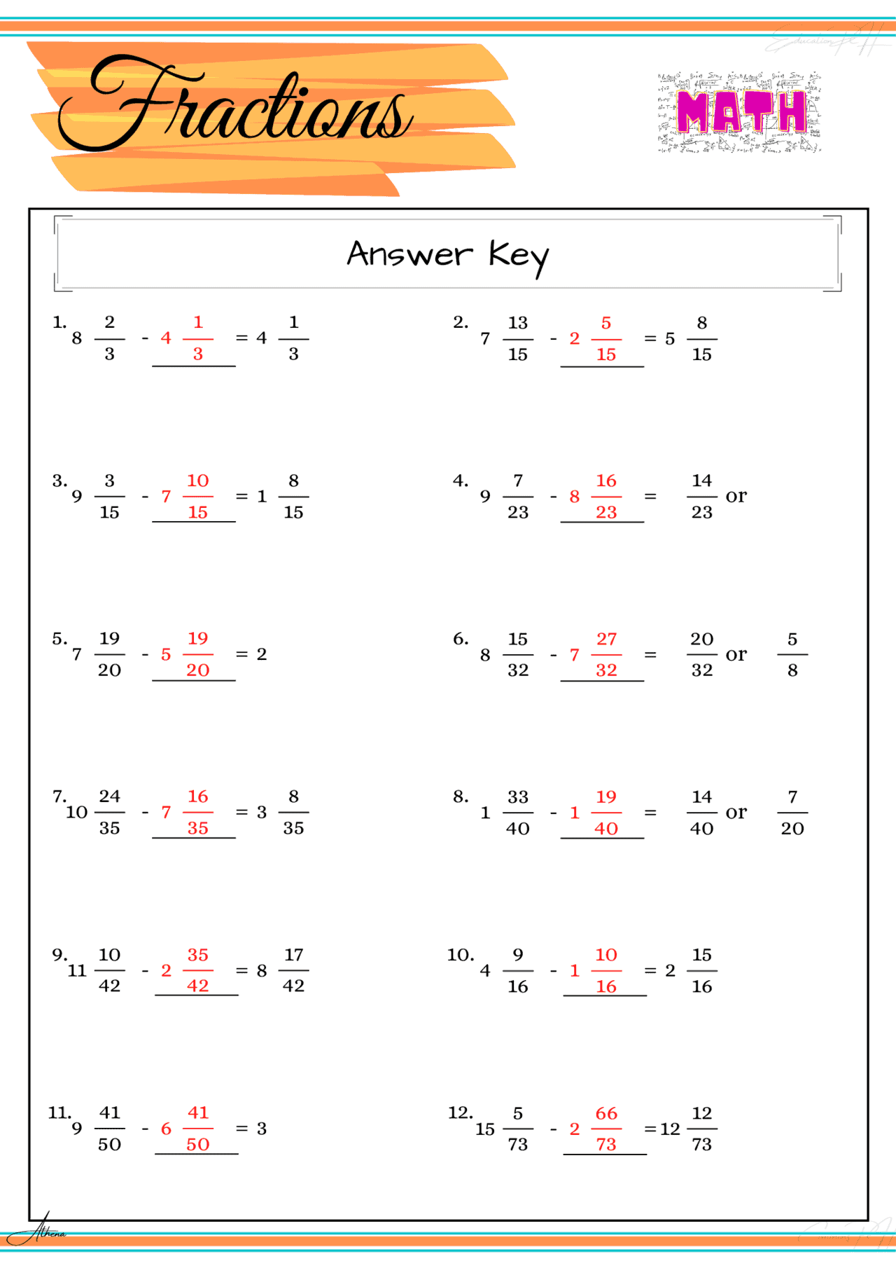 Grade 4 Math | Fractions VI (Subtraction)