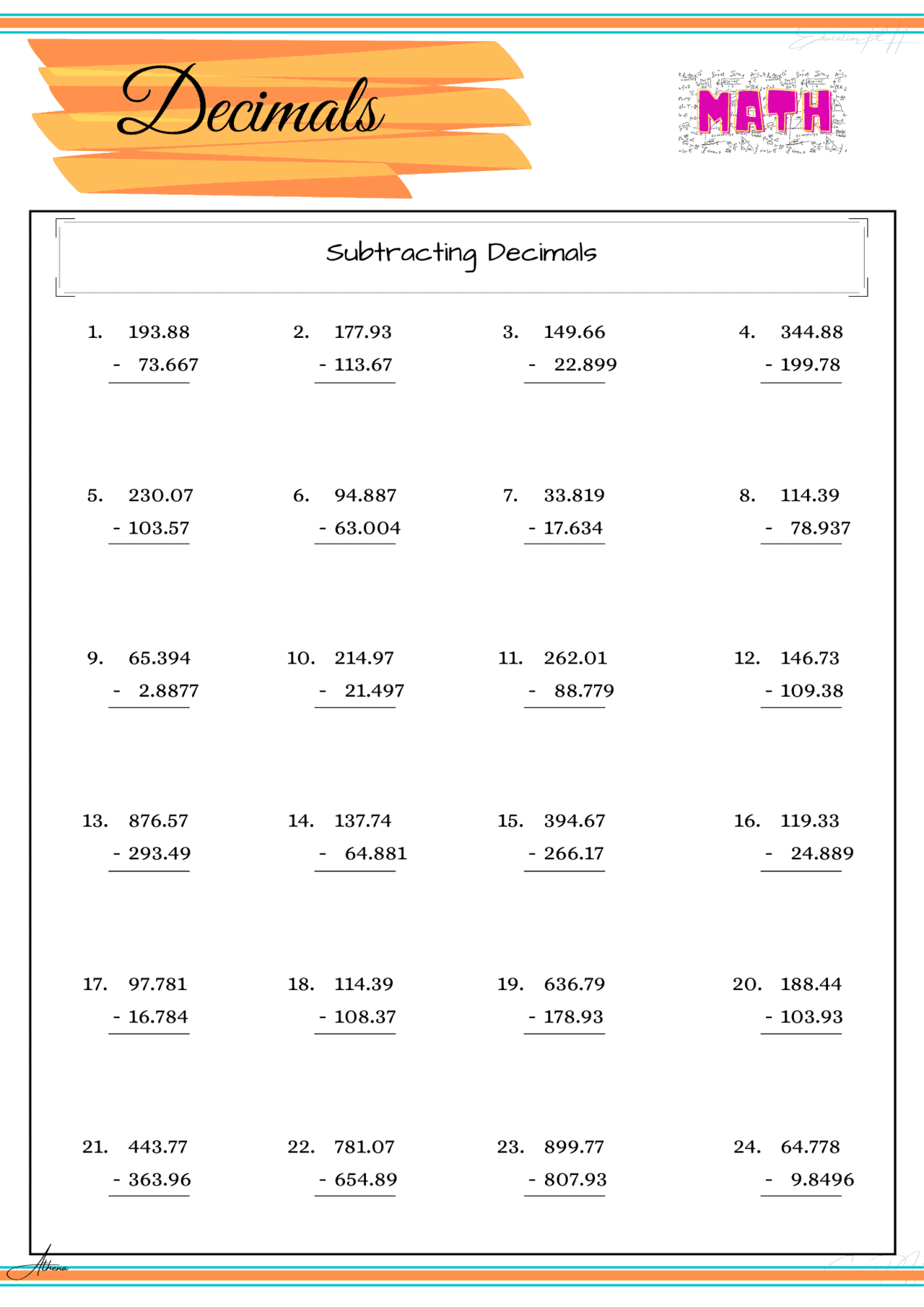 Grade 4 Math | Decimals VII (Subtraction)